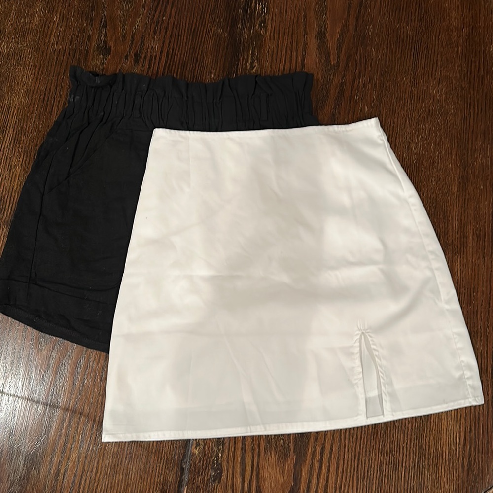 SHEIN:2 items black shorts, S, 2 front pockets. White mini skirt, front slit, XS